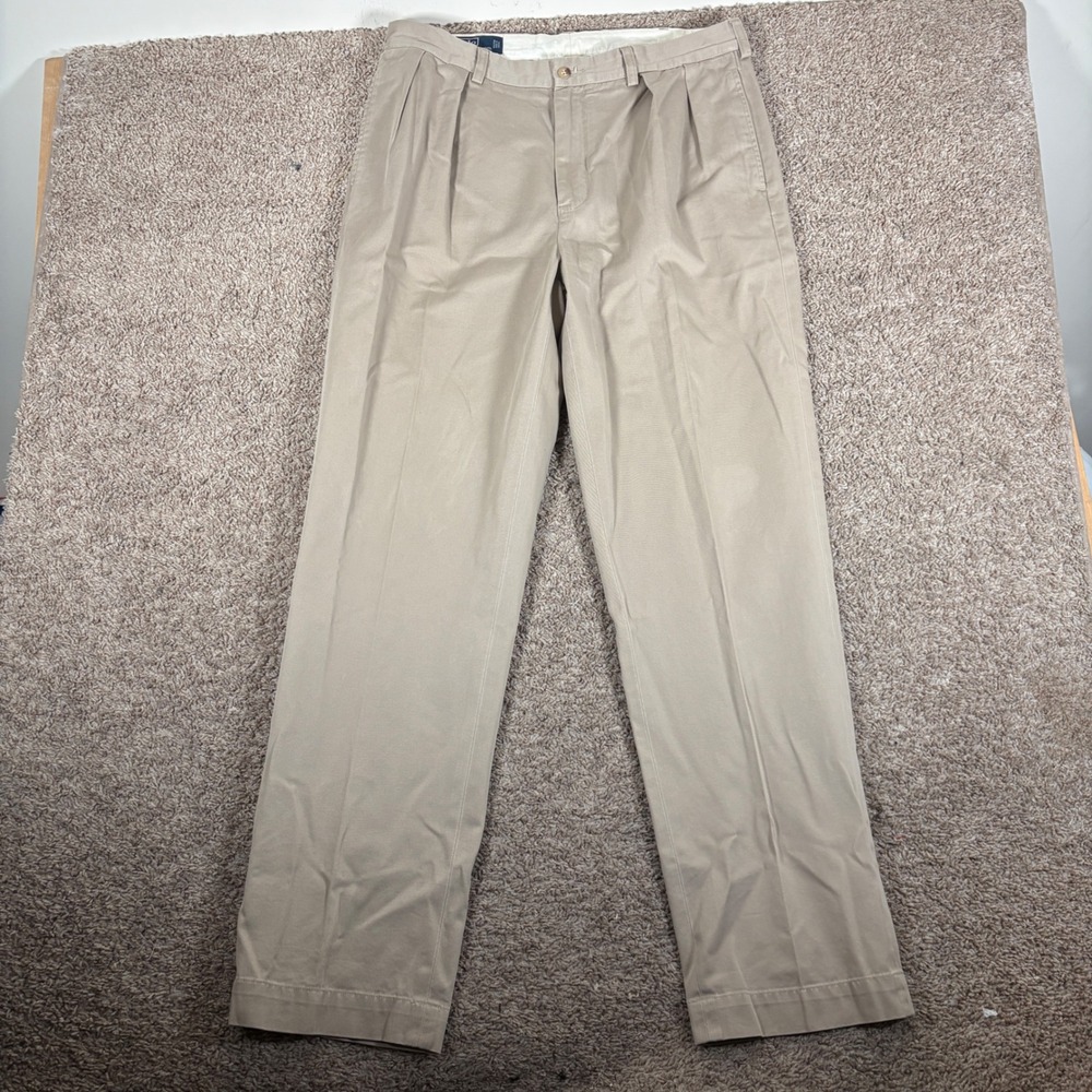 Polo Ralph Lauren Andrew Pant Mens 36x34 Khaki Tan Pleated Cotton Chino Trousers